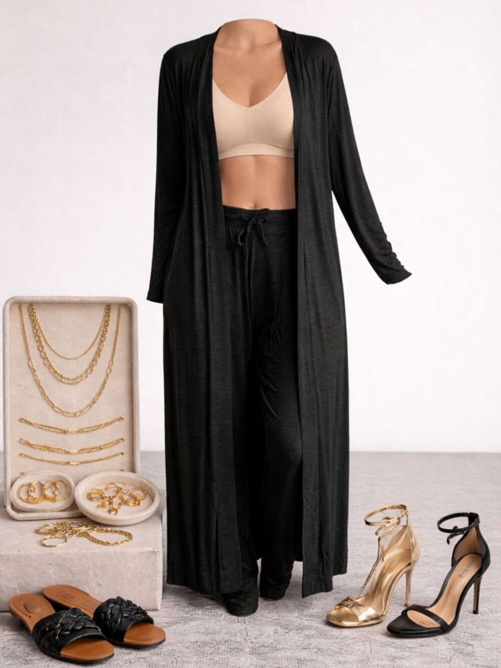 Black 2 Piece Lounge Set Open Front Duster Cardigan & Pants
